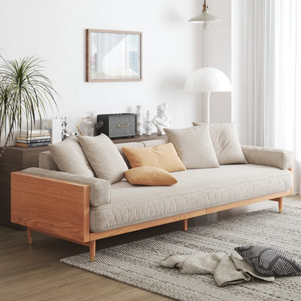 NÓVORA CASA Beige 3-asiento Tapizado lino tela sofá con Madera maciza estructura para Sala