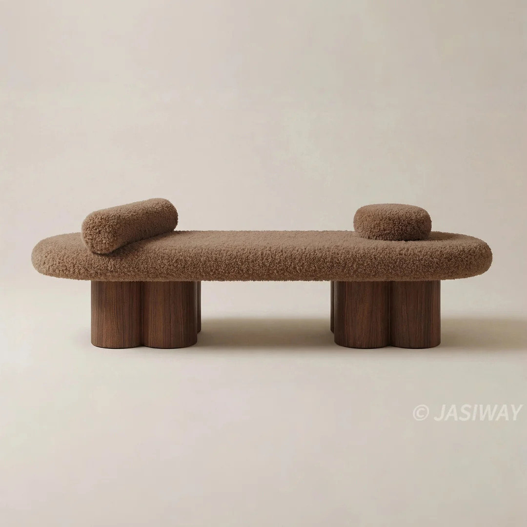 RINGCHEN Bouclé extremo de cama banca— escultórico Tapizado Recámara banca con macizo Nogal ondulado patas