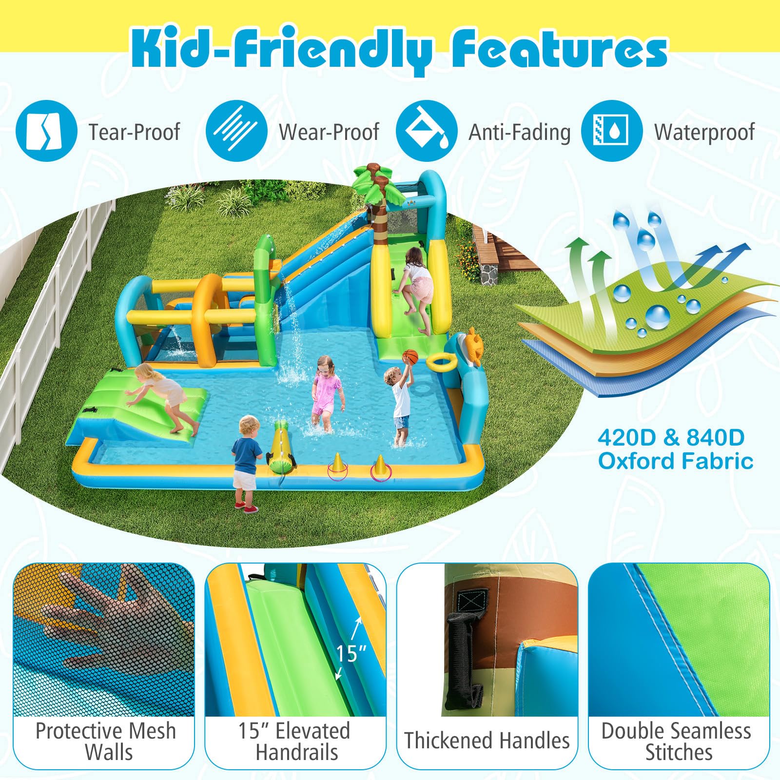 BOUNTECH Inflatable Water Slide Park 9-in-1 Water Slide with Basketball Rim