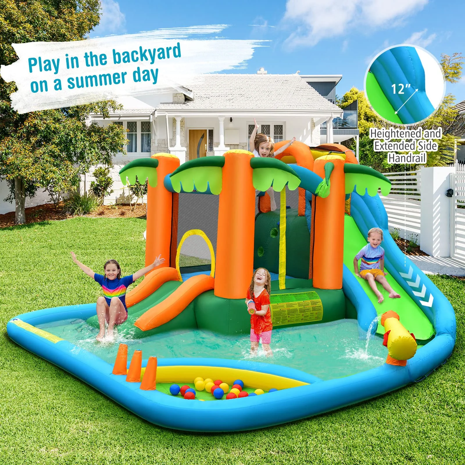 Costzon Inflatable Water Slide for Kids, 7 in 1 Kids Jumping Castle Bounce House w/Blower, Splash Pool