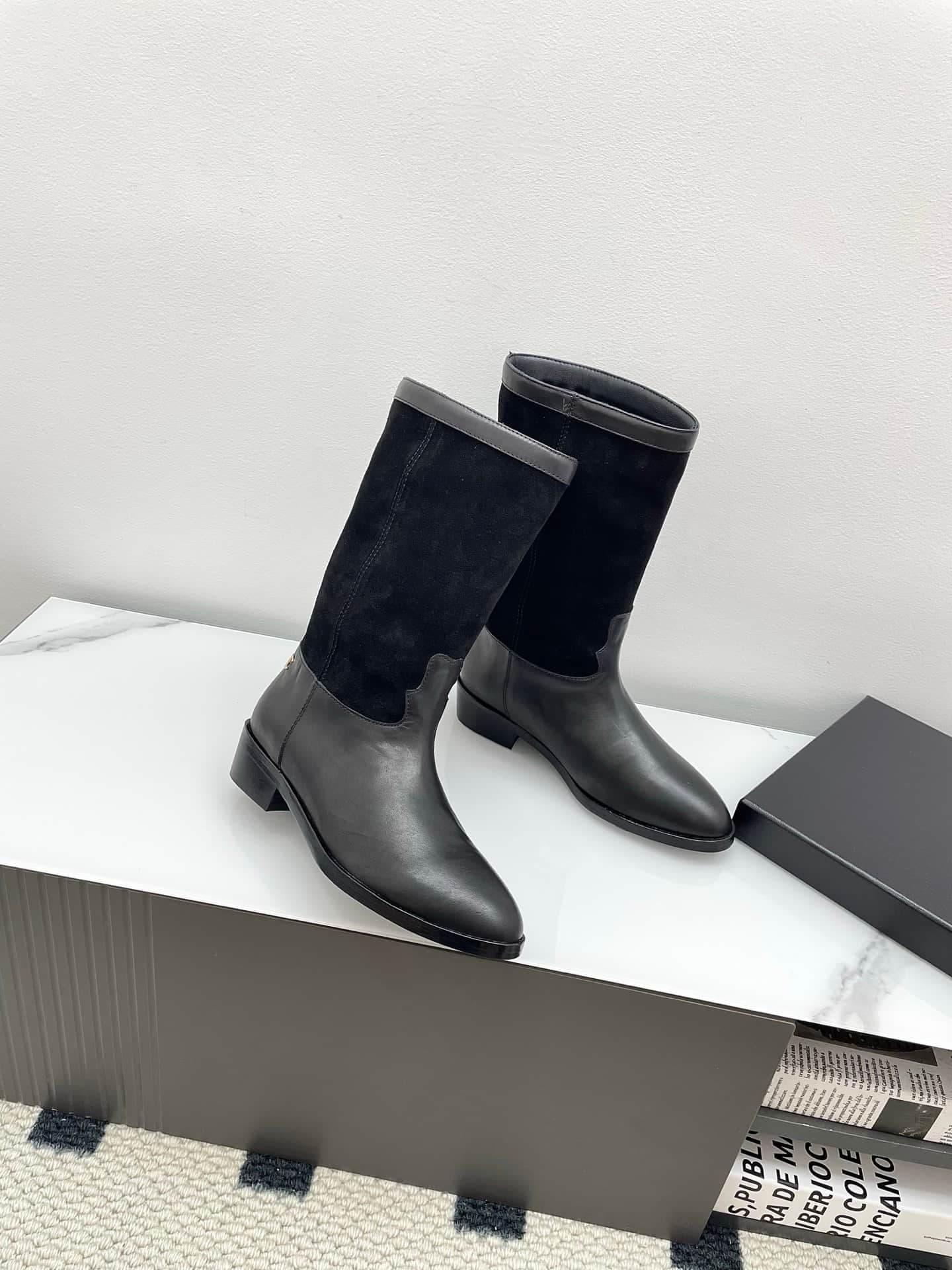 Chanal Calfskin Suede CC Knee Boots Women
