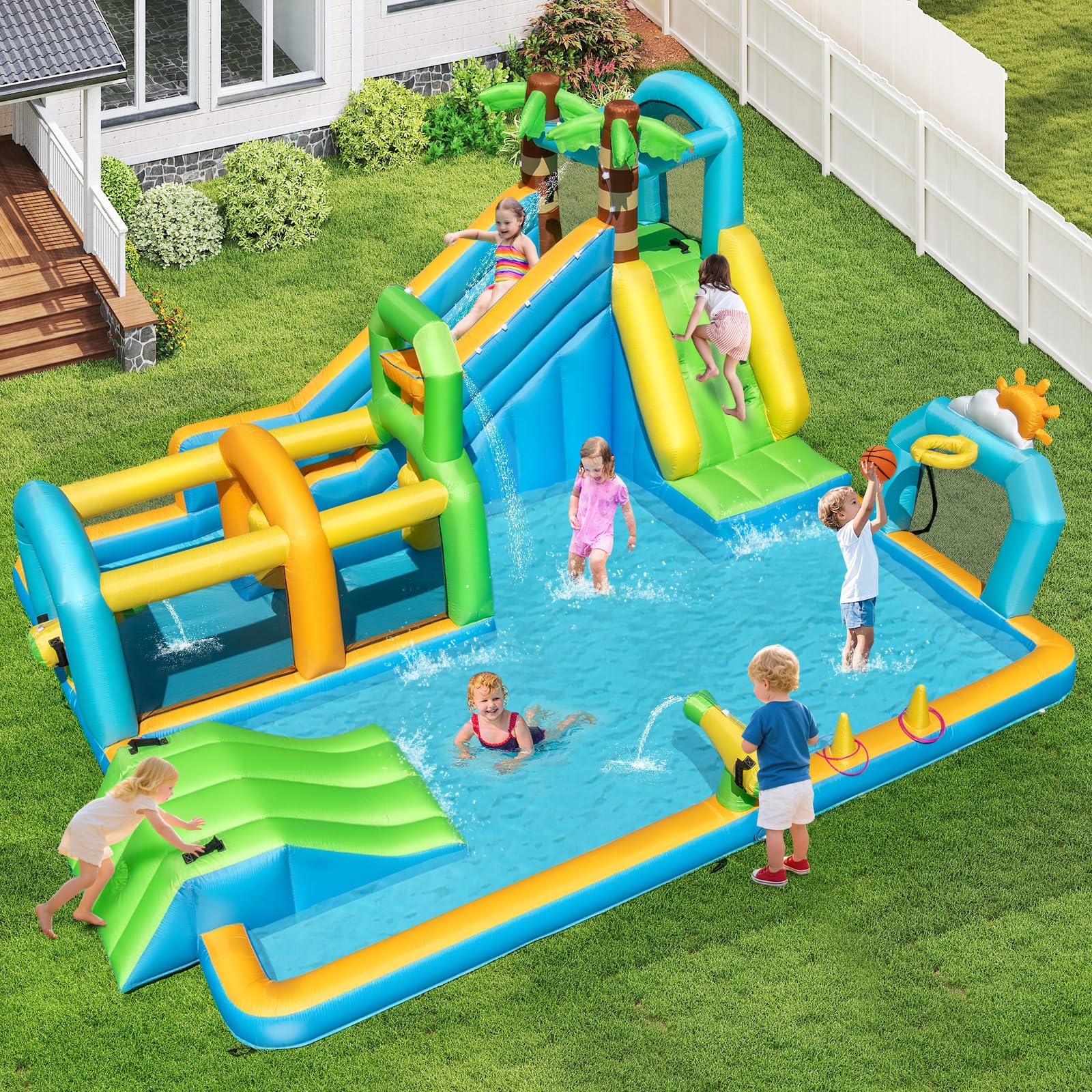 BOUNTECH Inflatable Water Slide Park 9-in-1 Water Slide with Basketball Rim