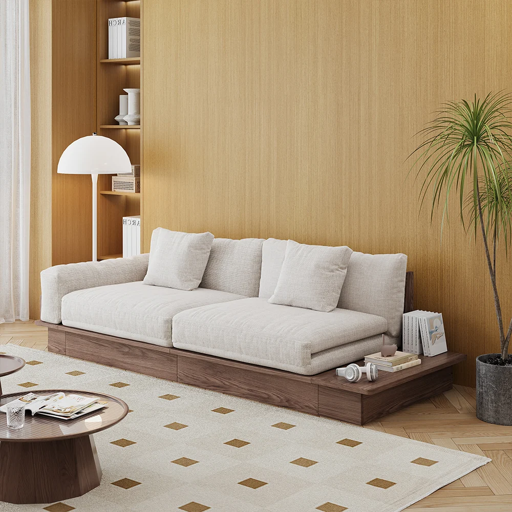 NÓVORA CASA piso plataforma madera estructura Sofá cama– de doble cara reposabrazos, pana o lino mezcla tapizado