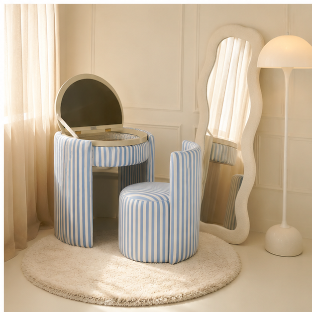 LunaNest™ | Tocador compacto tapizado con espejo y silla