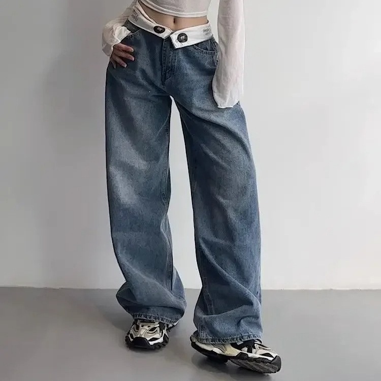 Y2K American Retro Jeans Women's Wide-Leg Pants with Rolled-Up Waistband Design, Perfect for Summer, Loose and Stylish Long Pants