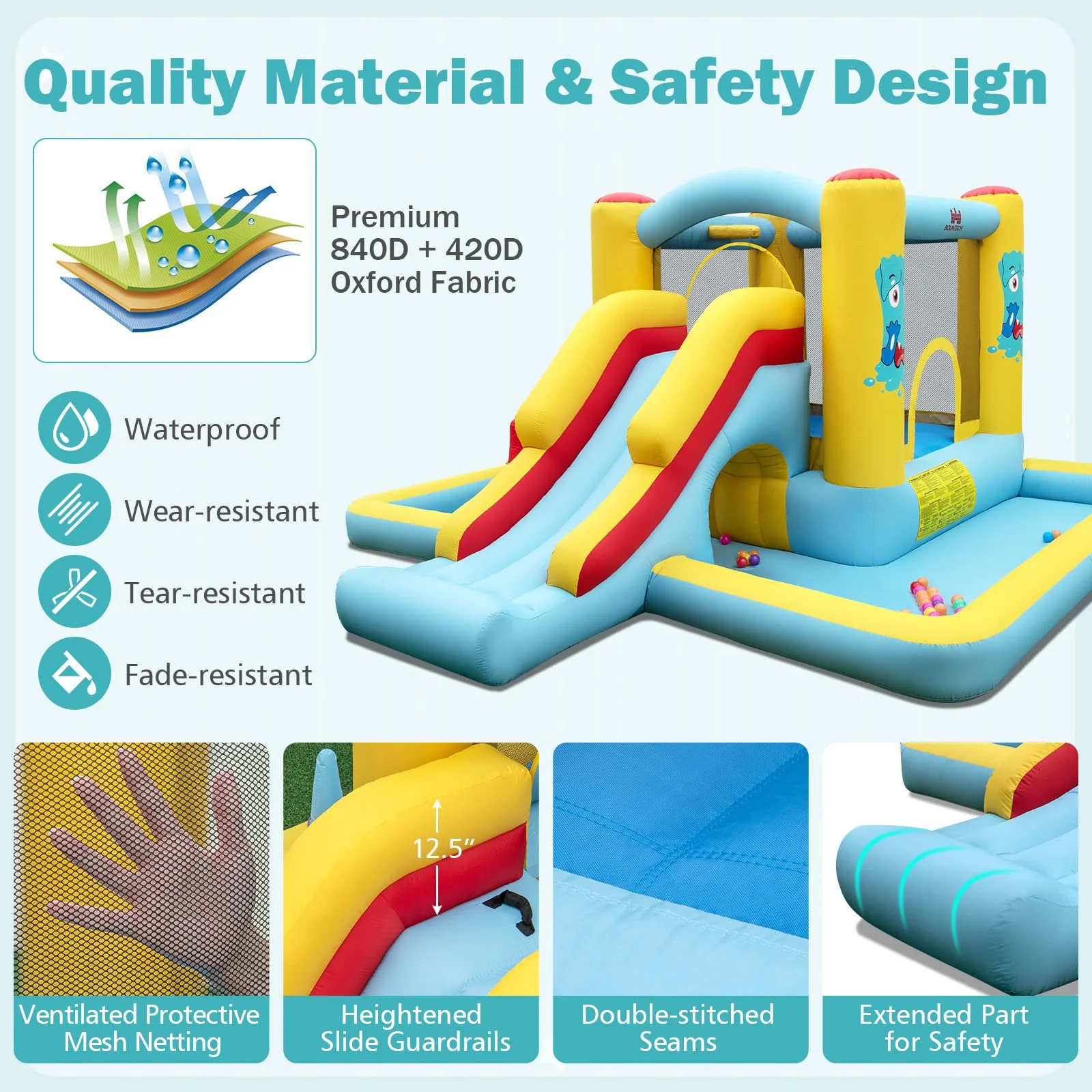 BOUNTECH Inflatable Bounce House with Ball Pit, Long Slide & Tunnel Bouncy House for Kids