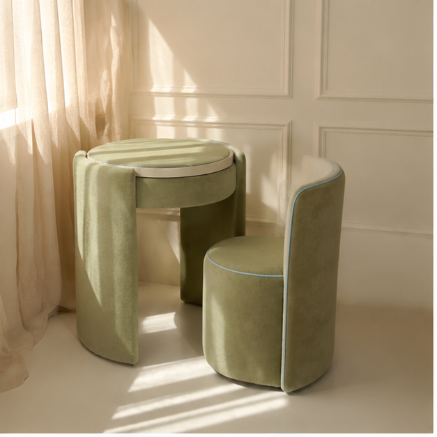 LunaNest™ | Tocador compacto tapizado con espejo y silla