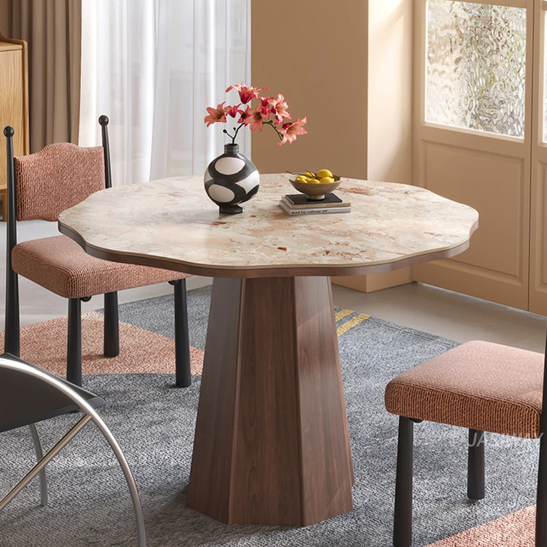 NÓVORA CASA ondulado borde Redondo Mesa de comedor con escultórico pedestal soporte| Moderno Mesa de comedor con Piedra sinterizada superior