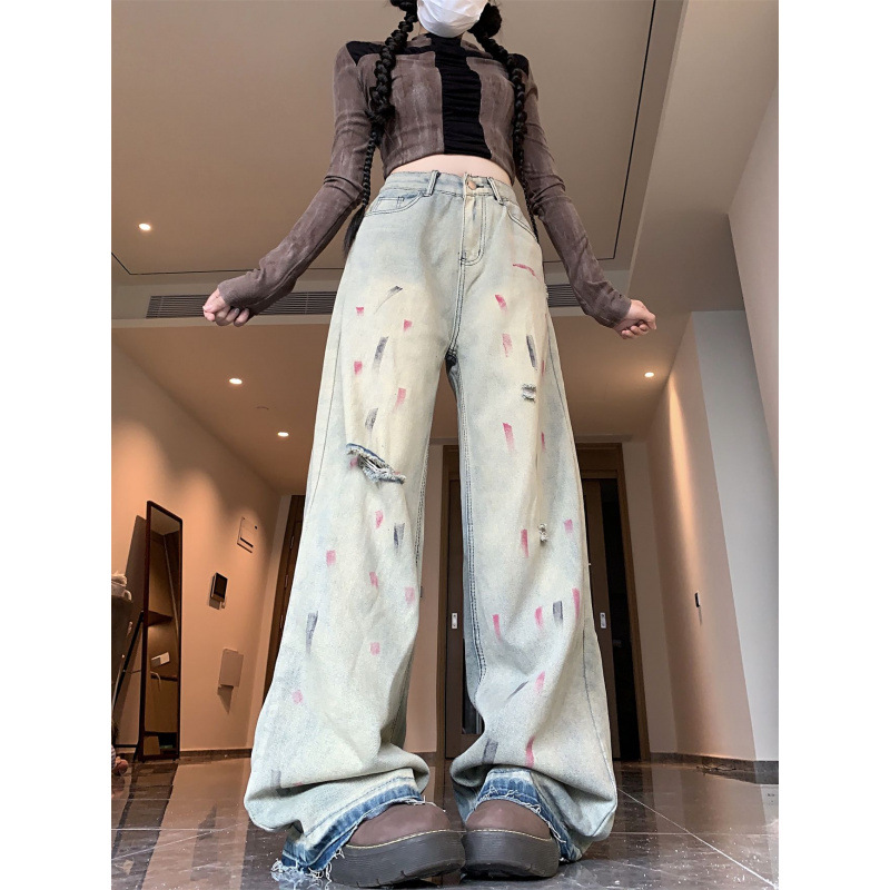 Spring/Summer Retro Splatter Dyed Jeans Women's Korean Style Wide-Leg Pants Women's Jeans Summer