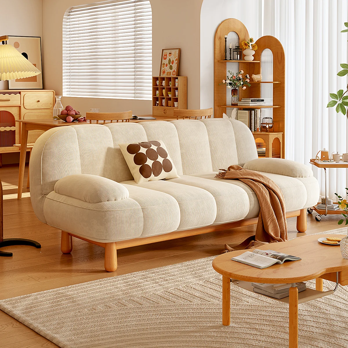 NÓVORA CASA Japandi sofá de dos plazas plegable Sofá cama en Crema Blanco & Verde pana tela