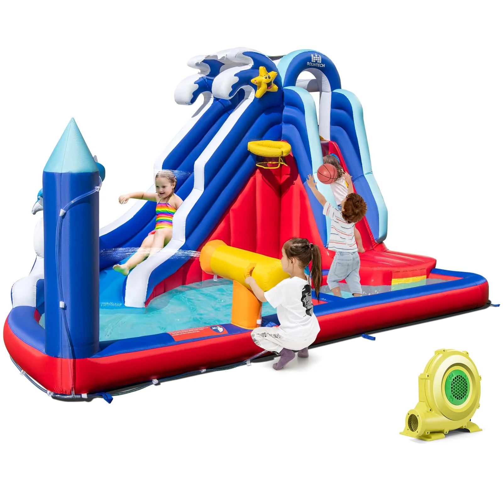 BOUNTECH Inflatable Water Slide, Dolphin Themed Kids Waterslide Park for Outdoor Fun