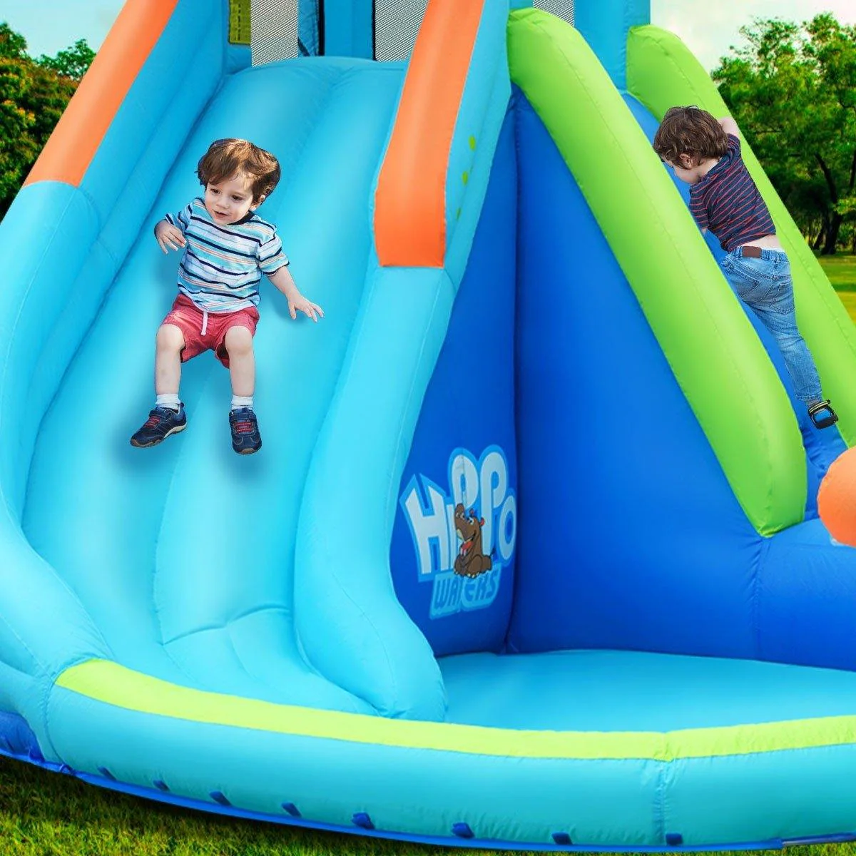BOUNTECH Inflatable Water Slide, Hippo Themed Kids Waterslide Park for Outdoor w/Long Slide & Splash Pool
