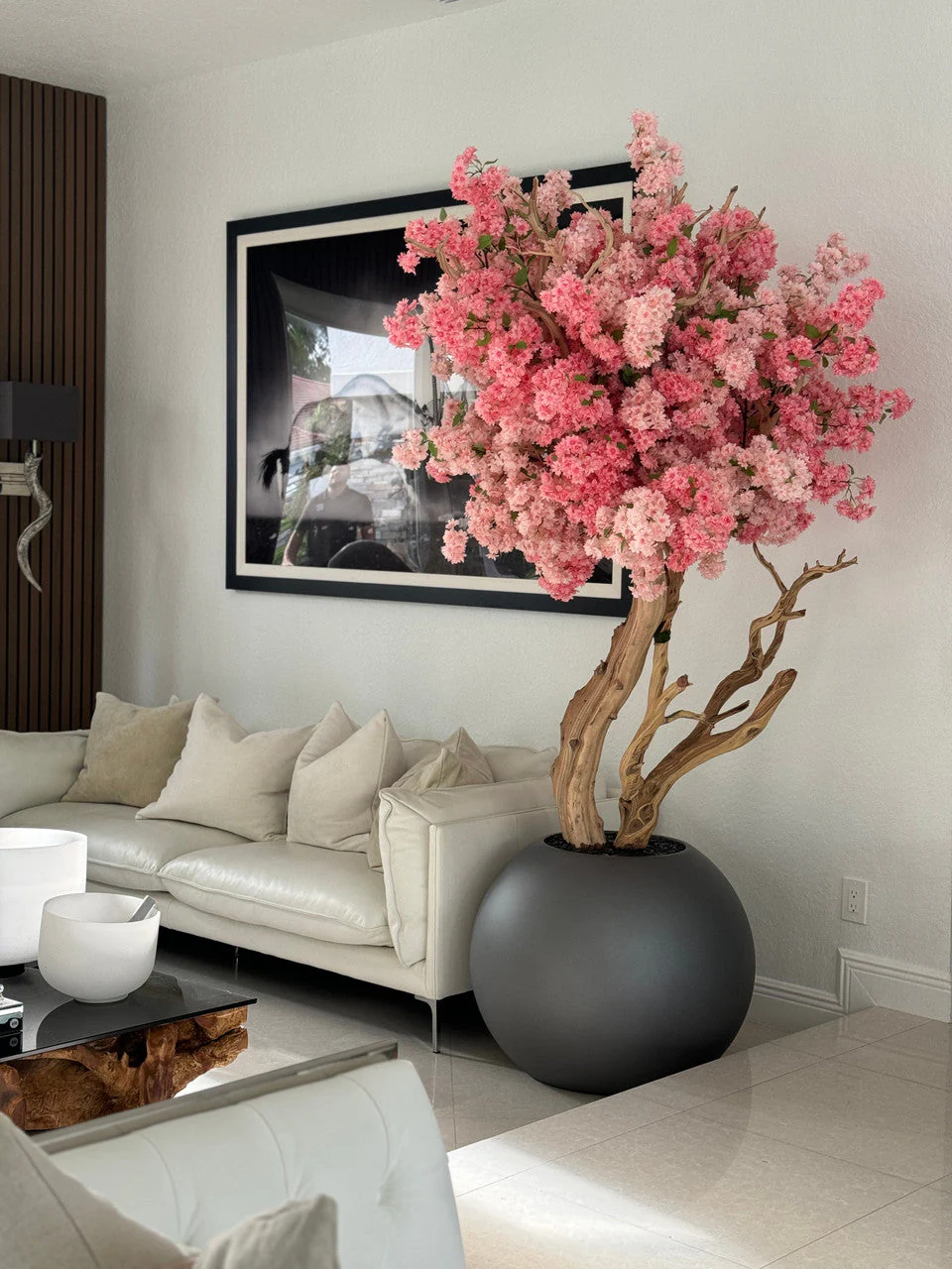Matte Gun Metal Globe with Custom Made Two Tone Made Cherry Blossom Tree