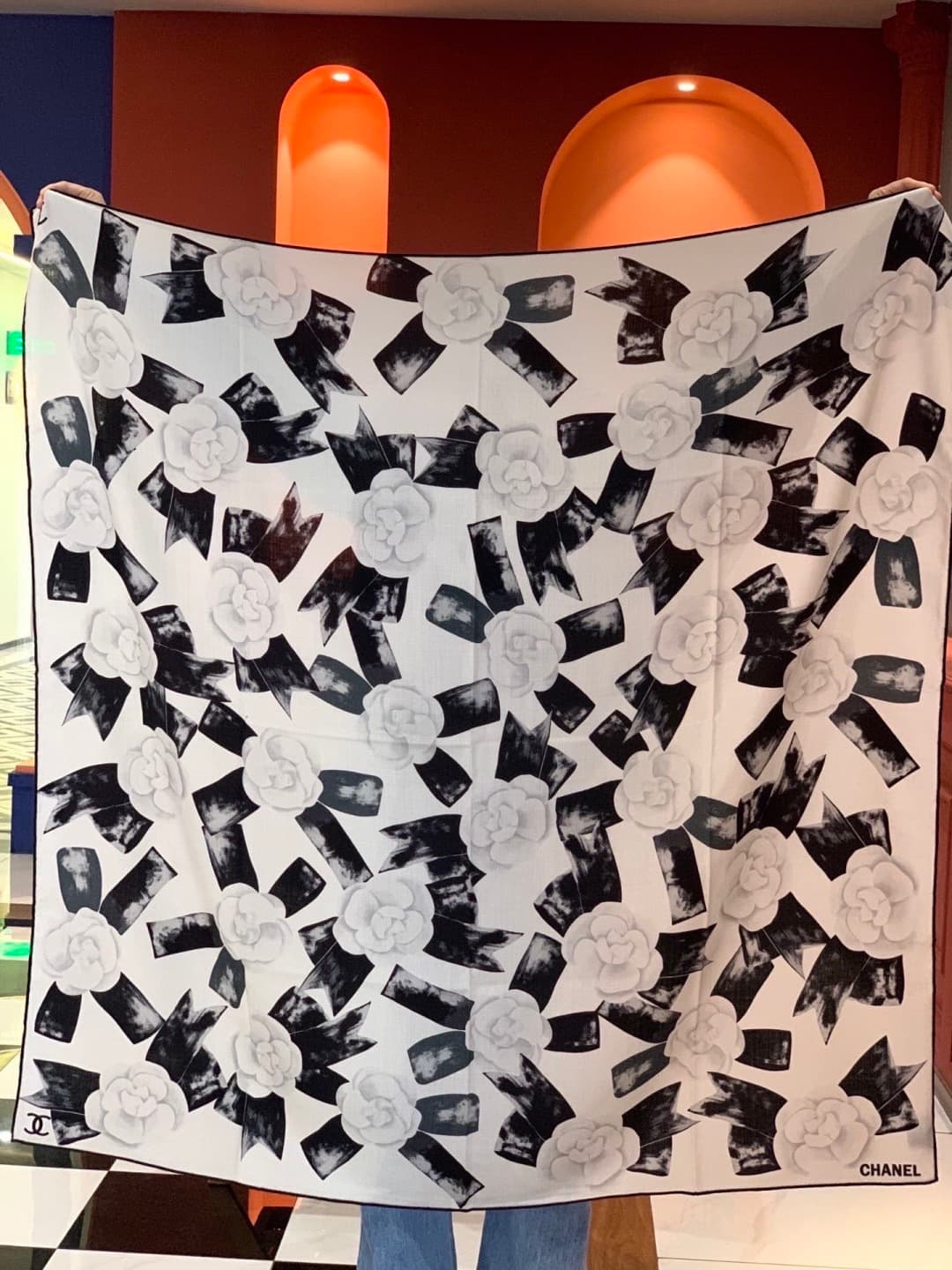 Chanel camellia and ribbon print scarf