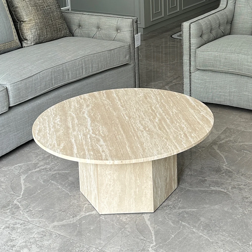 NÓVORA CASA Japandi Redondo Mesa de centro- Beige travertino & premium madera