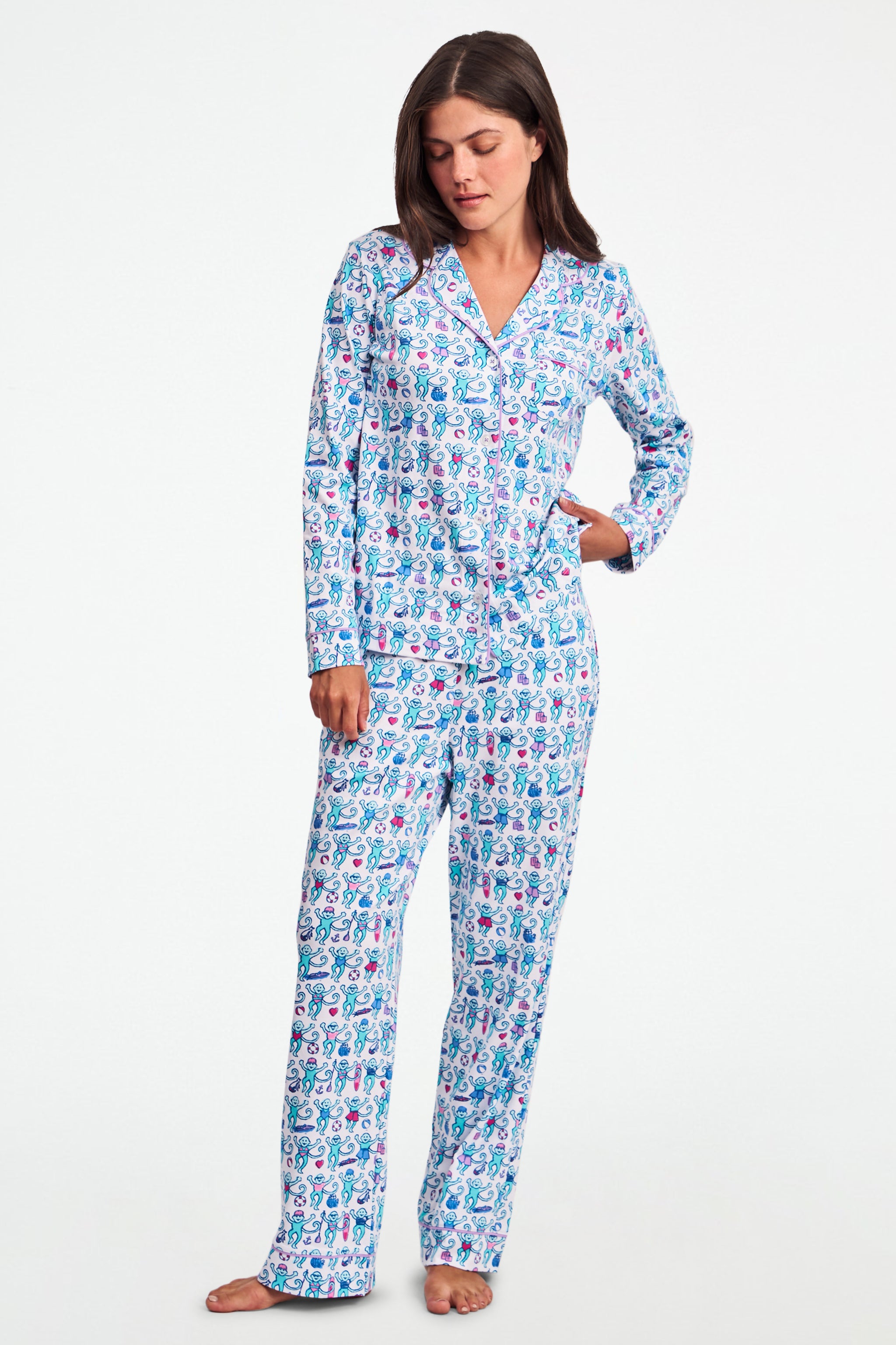 Newport Beach Monkey Long Sleeve Polo Pajamas