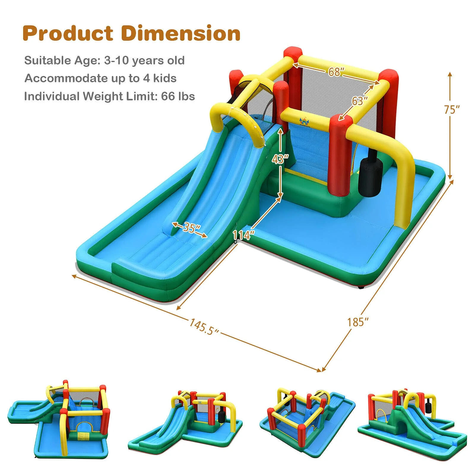 BOUNTECH 6-in-1 Kids Water Bounce House Jumping Castle for Wet Dry Combo with Long Slide