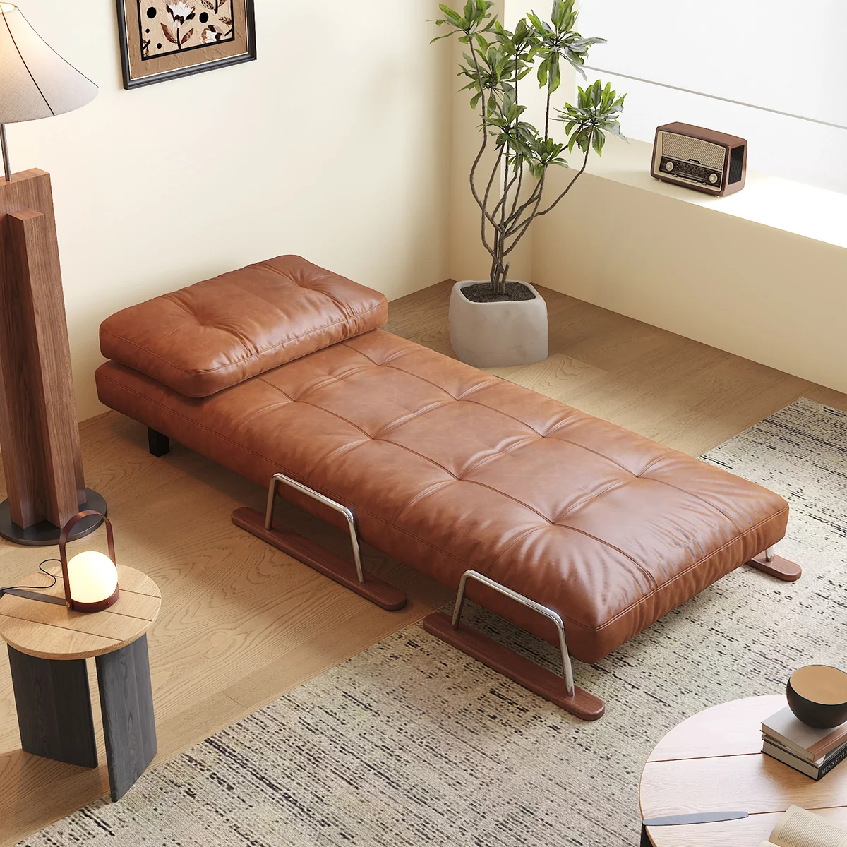 NÓVORA CASA Plegable Sofá cama en caramelo ecológico piel– 4-en-1 transformable sillón, diván & cama