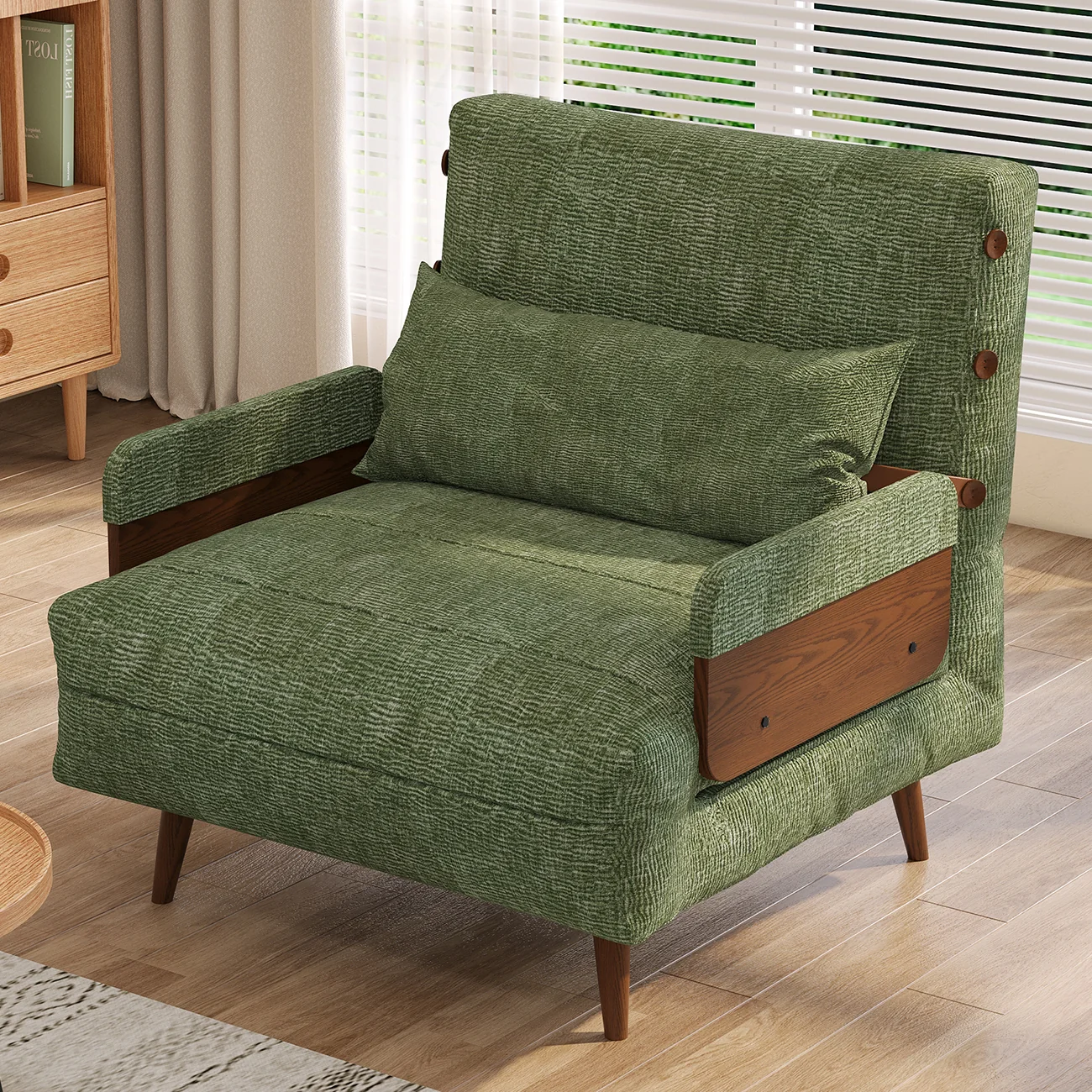 NÓVORA CASA mediados siglo Moderno Verde Sofá cama transformable para pequeño espacios| individual cama sofá con madera brazos