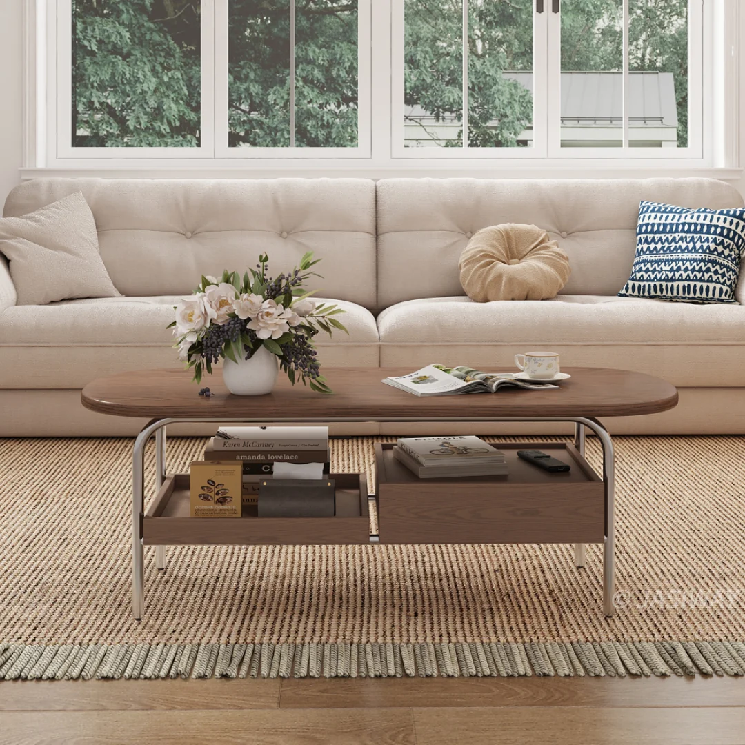 NÓVORA CASA Ovalado Mesa de centro con Almacenamiento, cajón & repisa| Minimalista madera diseño para pequeño sala habitaciones
