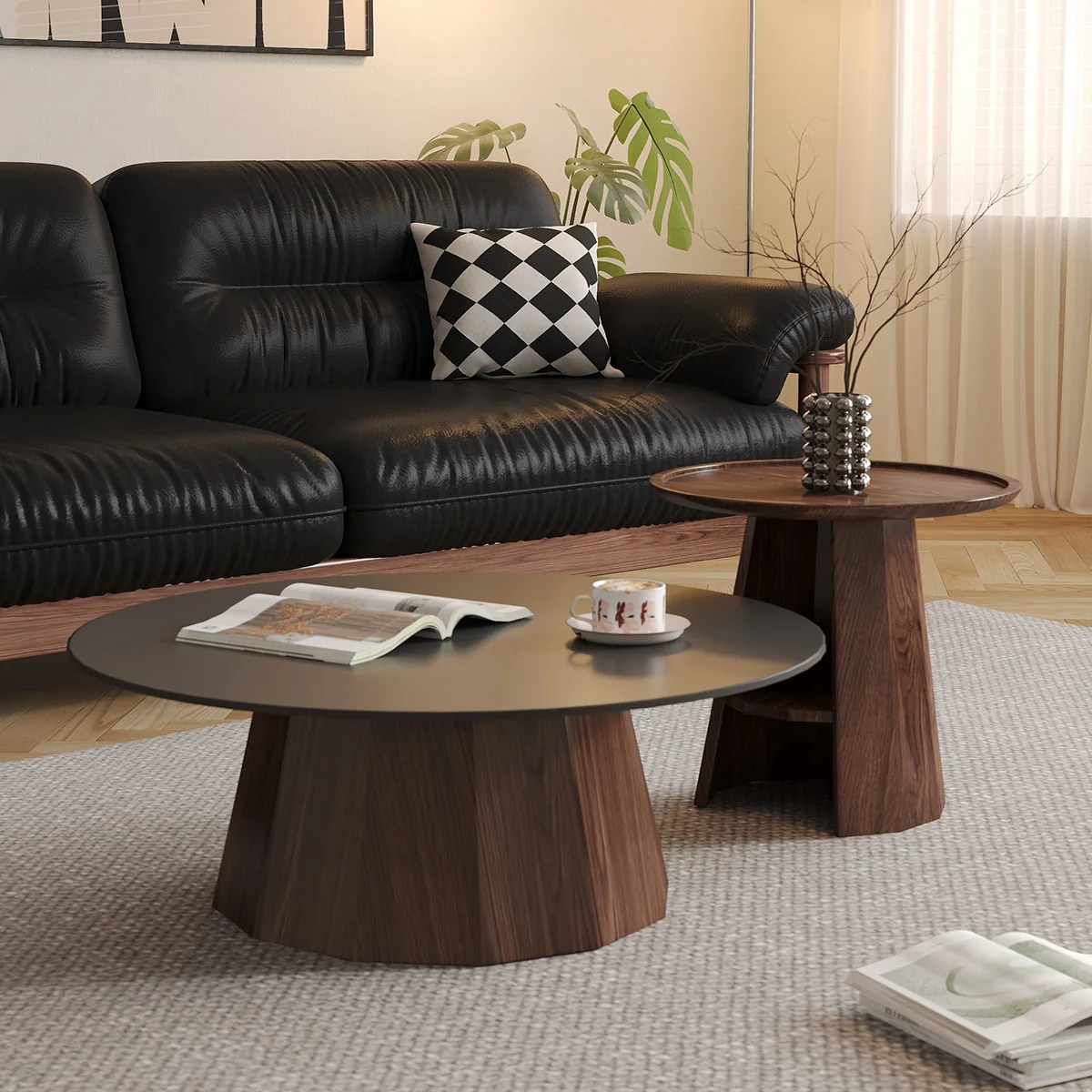 NÓVORA CASA Redondo alto bajo combinación Mesa de centro Madera maciza pizarra con Almacenamiento