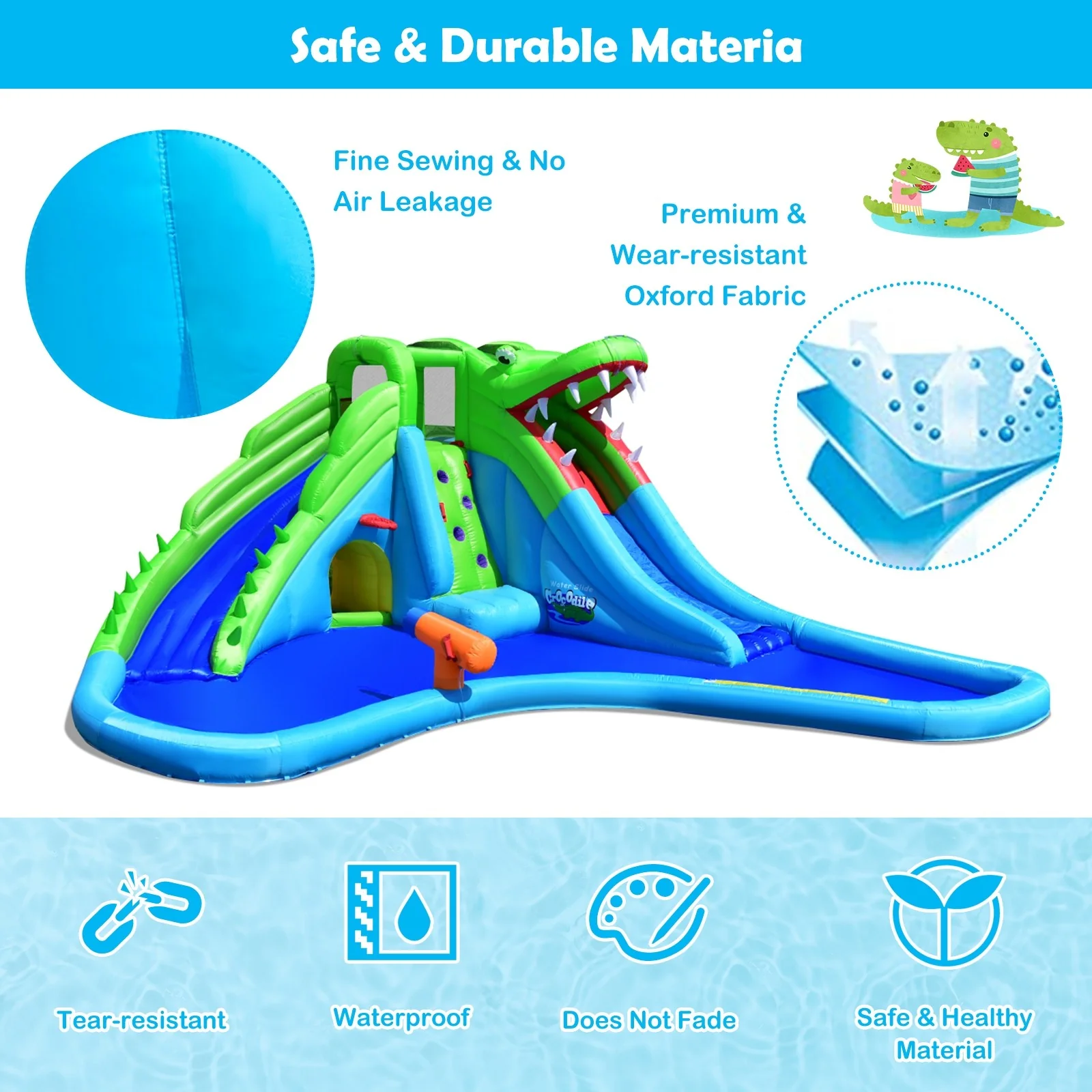 Costzon Inflatable Water Slide, Giant 7 in 1 Crocodile Water Park w/ Double Slides