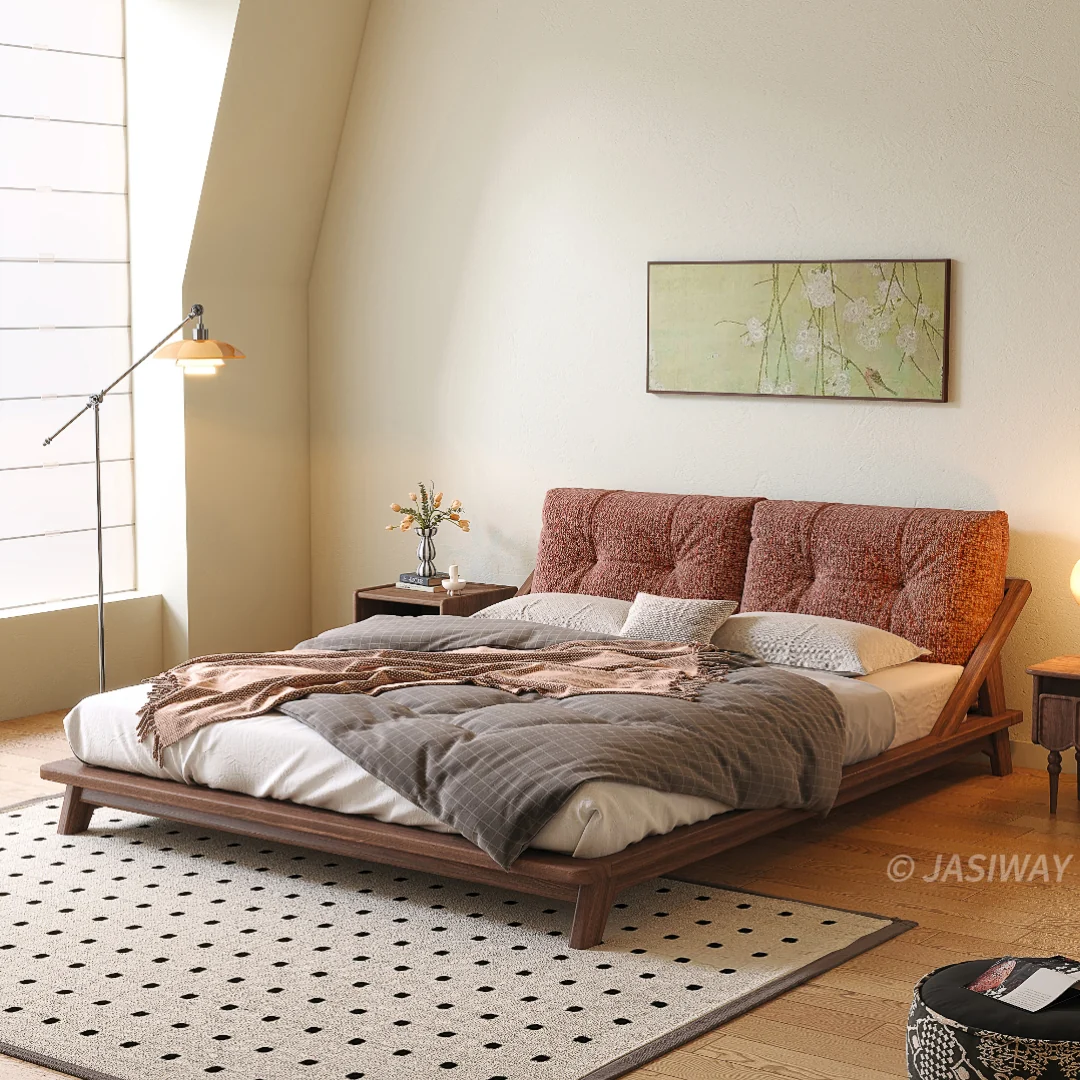 NÓVORA CASA Madera maciza Cama con plataforma estructura con Tapizado cabecera| bajo perfil Japandi estilo cama para queen & king Recámara