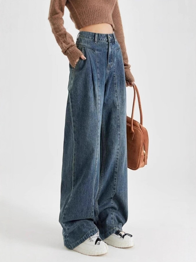 American-style sickle jeans for women, slim fit, banana style, spring and autumn retro wide-leg pants, high-waisted, straight leg, loose, floor-length.