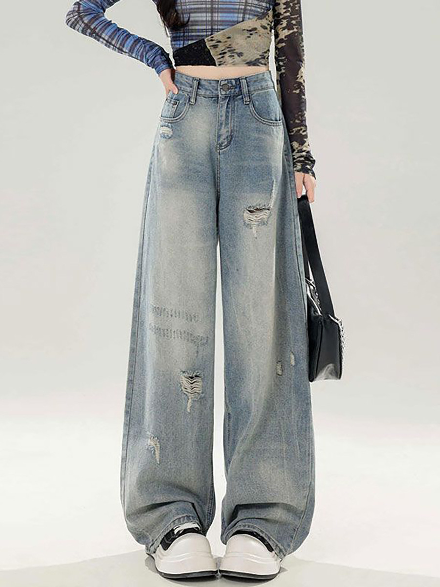 American retro ripped jeans for women, summer style, petite, straight leg, loose fit, floor-length wide-leg pants