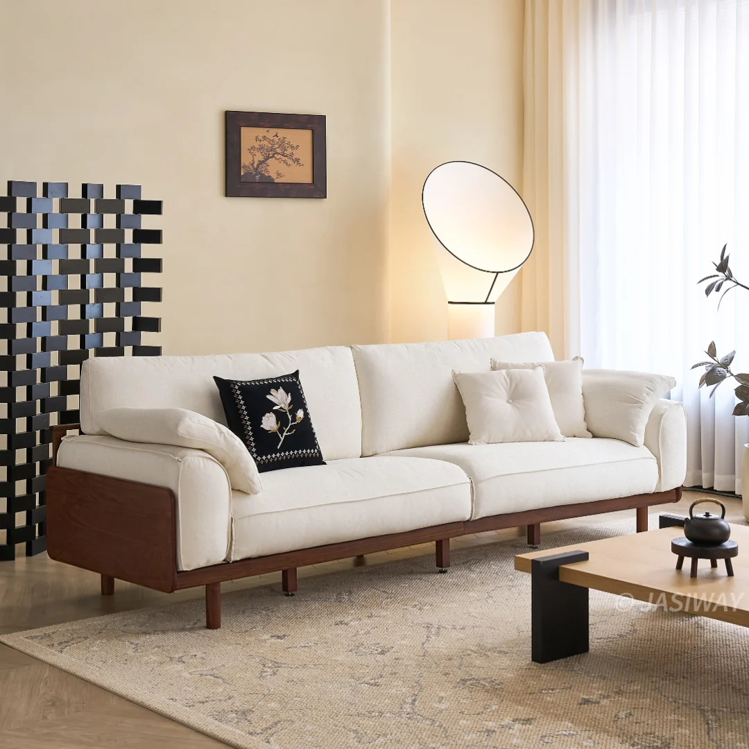 NÓVORA CASA Japandi 3-plazas sofá con Madera maciza estructura| Tapizado tela sofá para Sala