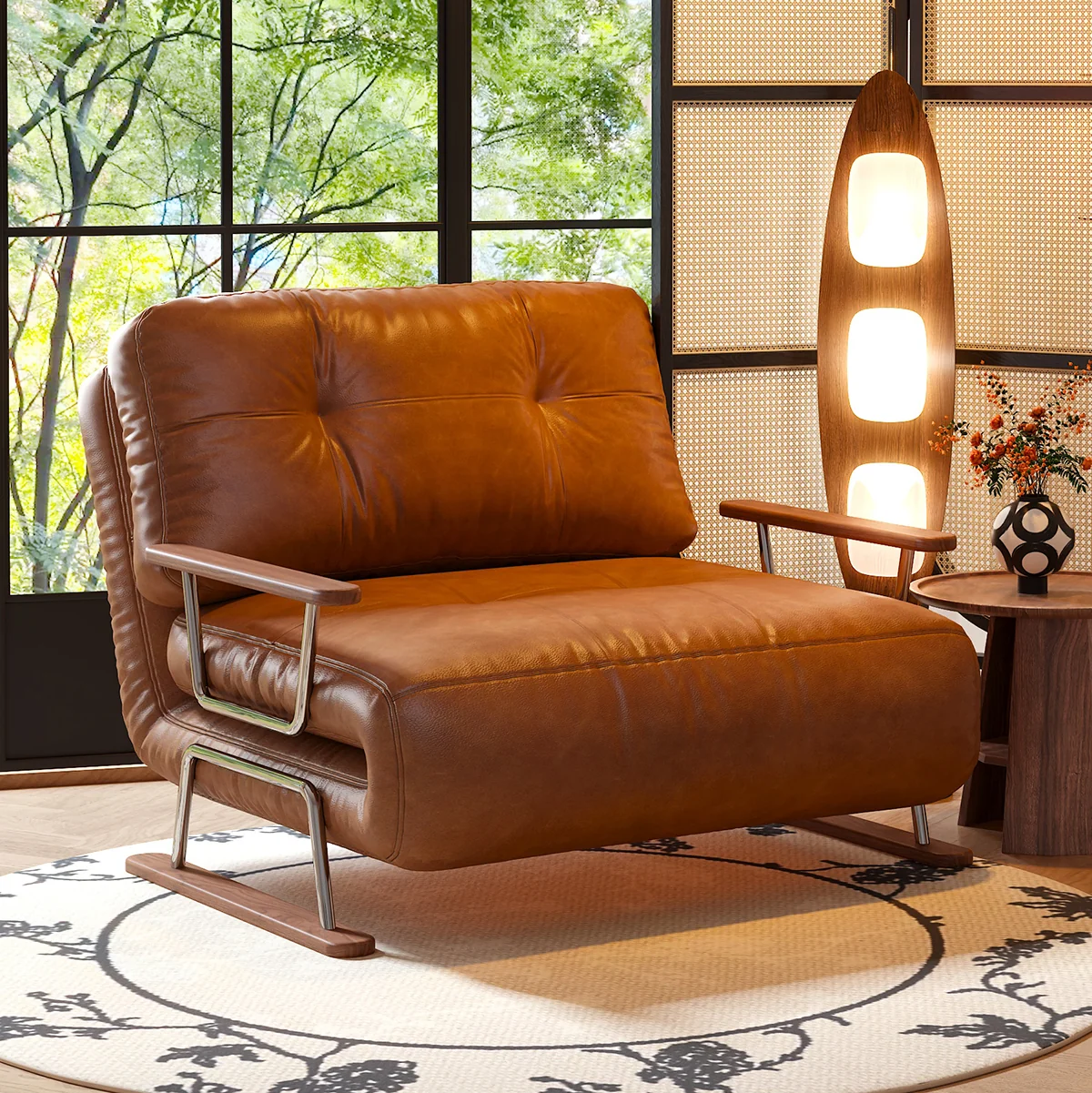NÓVORA CASA Plegable Sofá cama en caramelo ecológico piel– 4-en-1 transformable sillón, diván & cama
