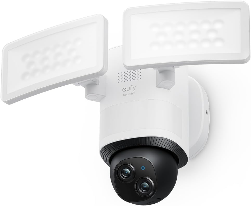 eufy Security Floodlight Camera E340 Podwójne kamery Przewodowa zewnętrzna kamera bezpieczeństwa, rozdzielczość 3K,obrót i pochylenie 360°,nagrywanie 24/7,zgodność z HomeBase 3,brak opłaty miesięcznej