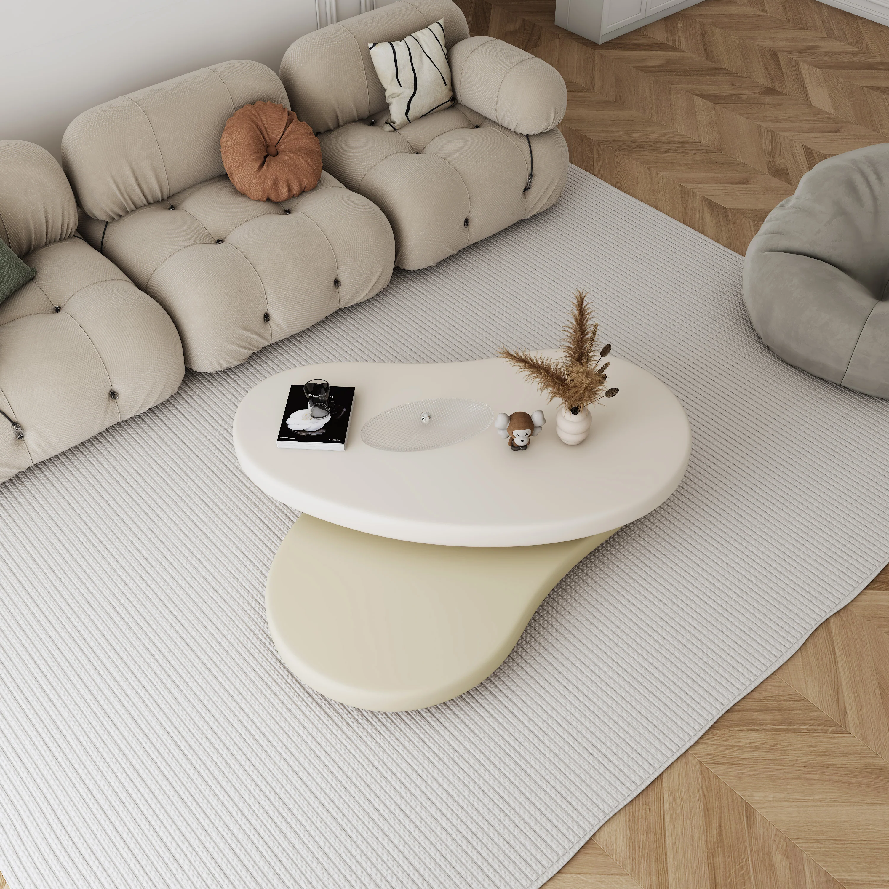NÓVORA CASA Minimalista giratorio Mesa de centro con único Ovalado diseño- apagado Blanco & Beige elegancia