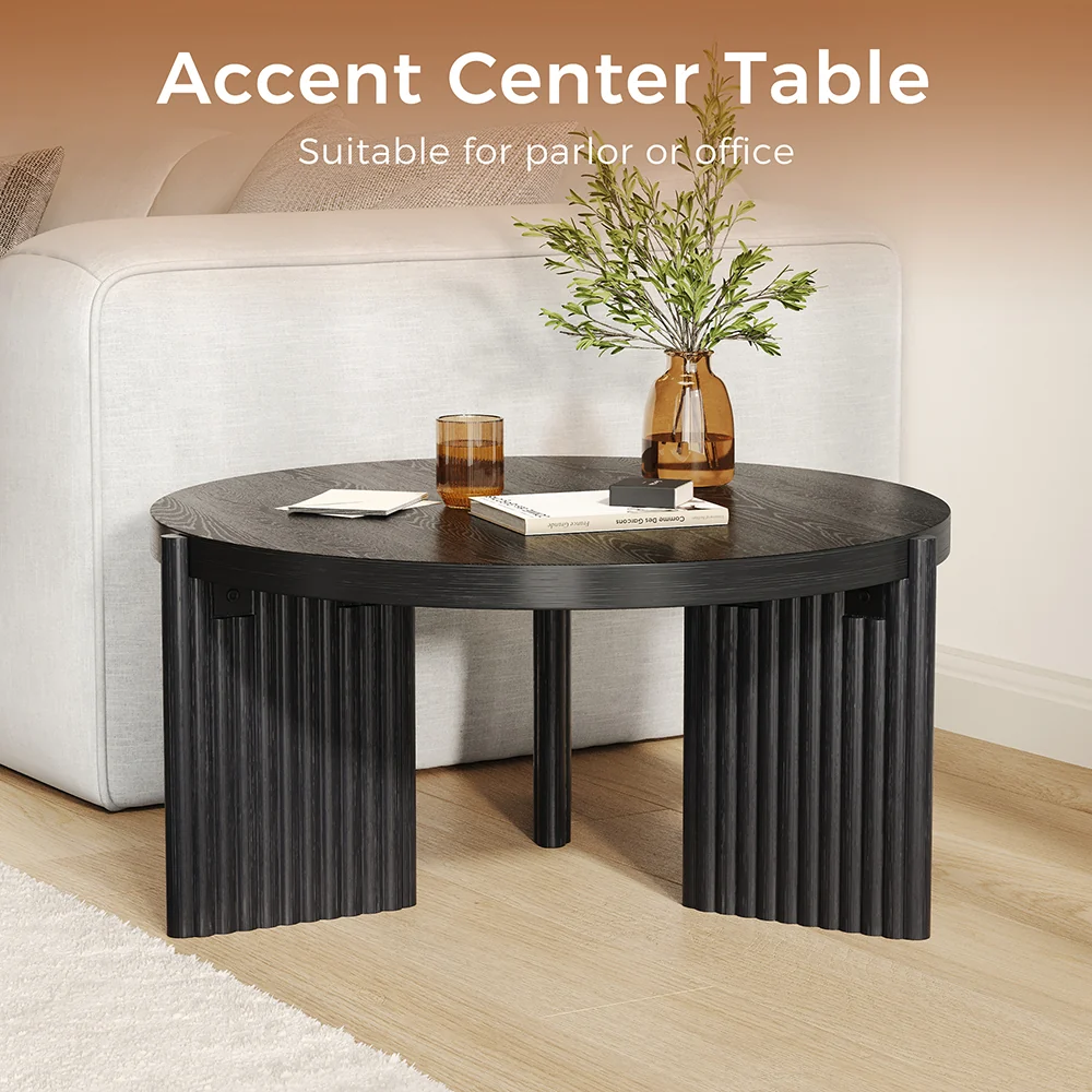 NÓVORA CASA Negro Redondo acanalado Mesa de centro| Moderno MDF decorativo mesa