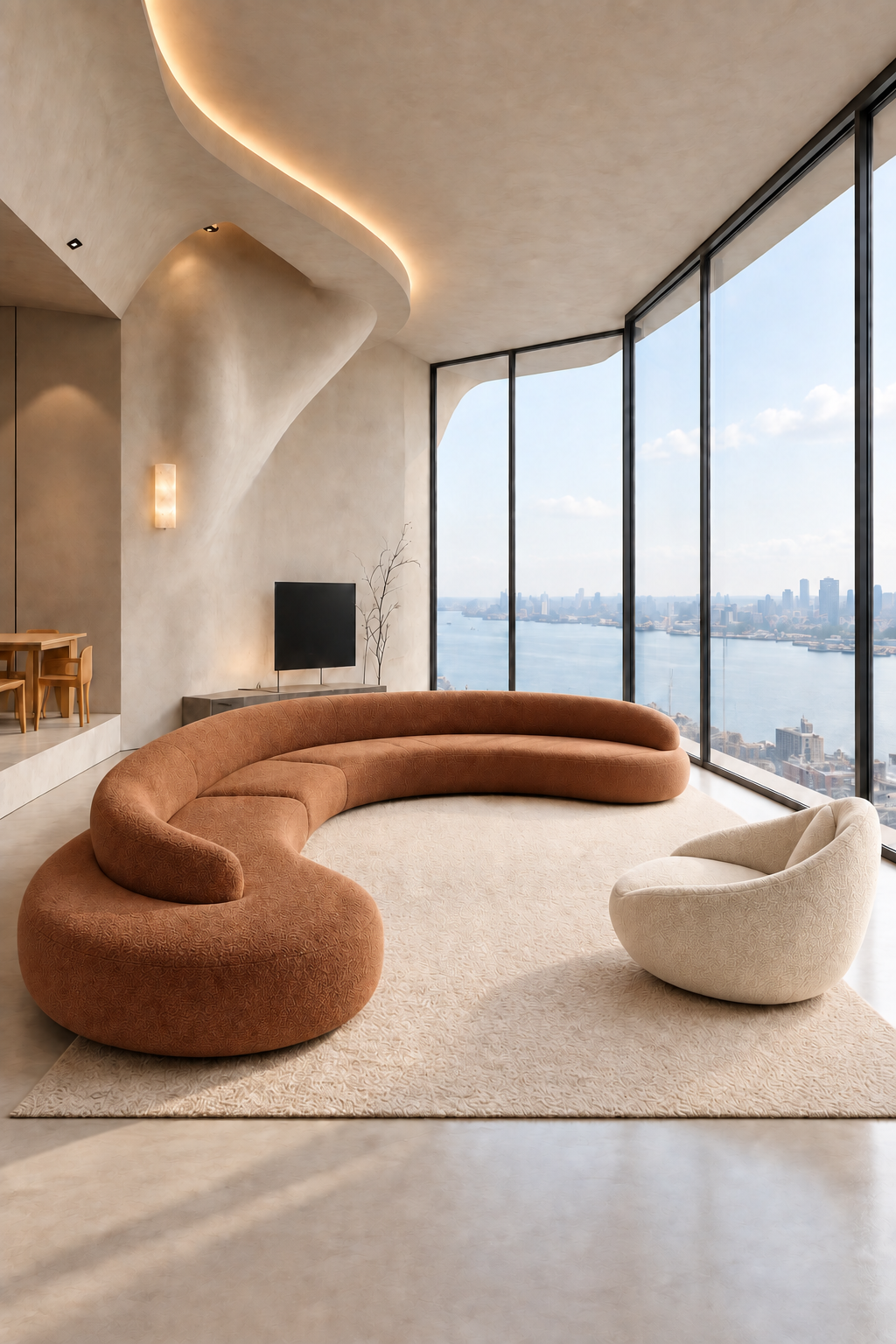 CurvaCasa · 1 sofá curvo + 1 sillón · Terracota caramelo · visualización IA