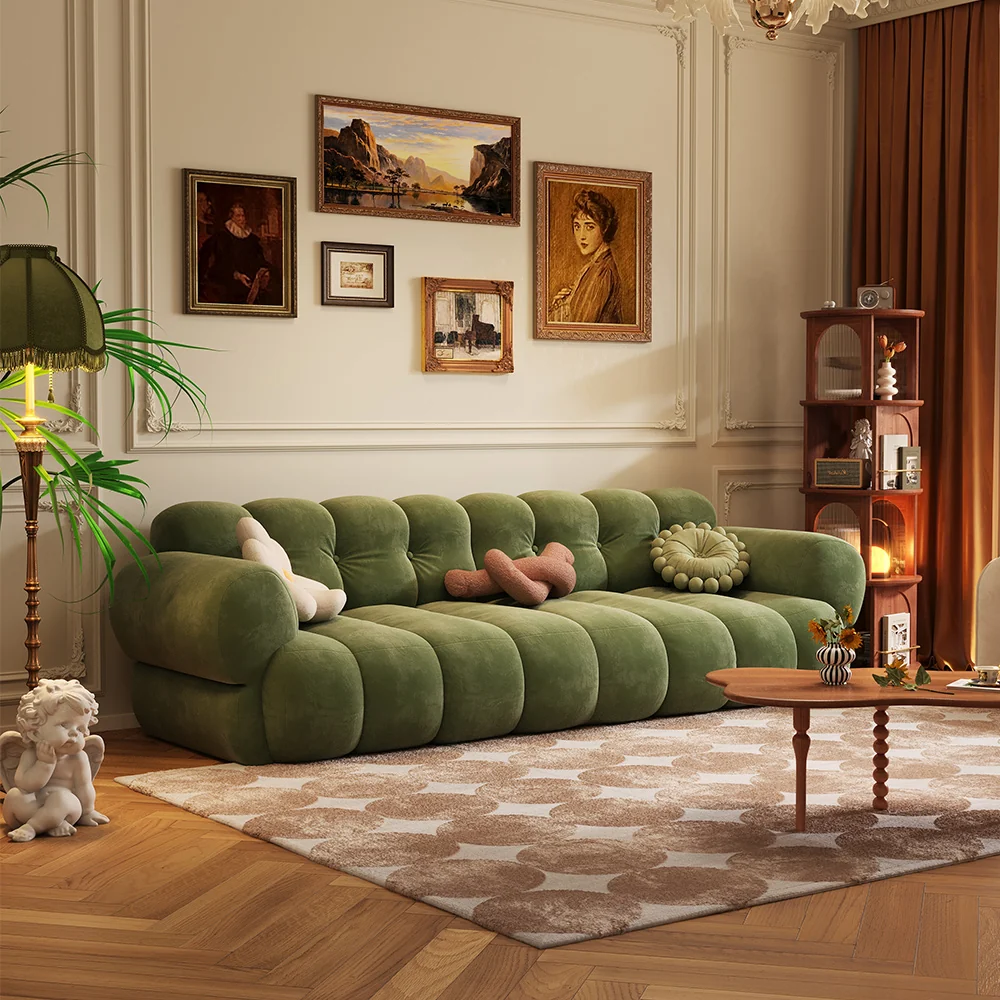NÓVORA CASA modulable burbuja sofá en Chenilla & terciopelo| mediados siglo Moderno nube sofá- retro malvavisco sofá en musgo Verde, bosque, ámbar & almendra Crema
