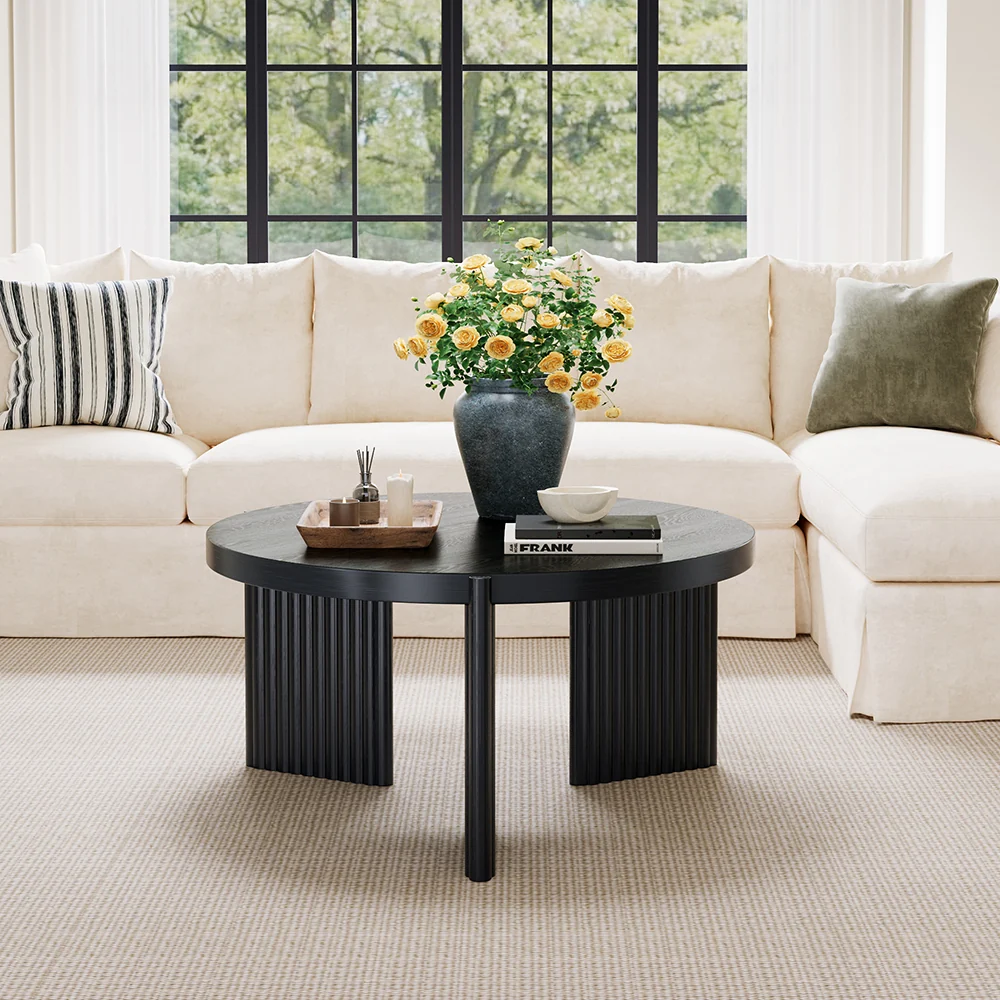 NÓVORA CASA Negro Redondo acanalado Mesa de centro| Moderno MDF decorativo mesa