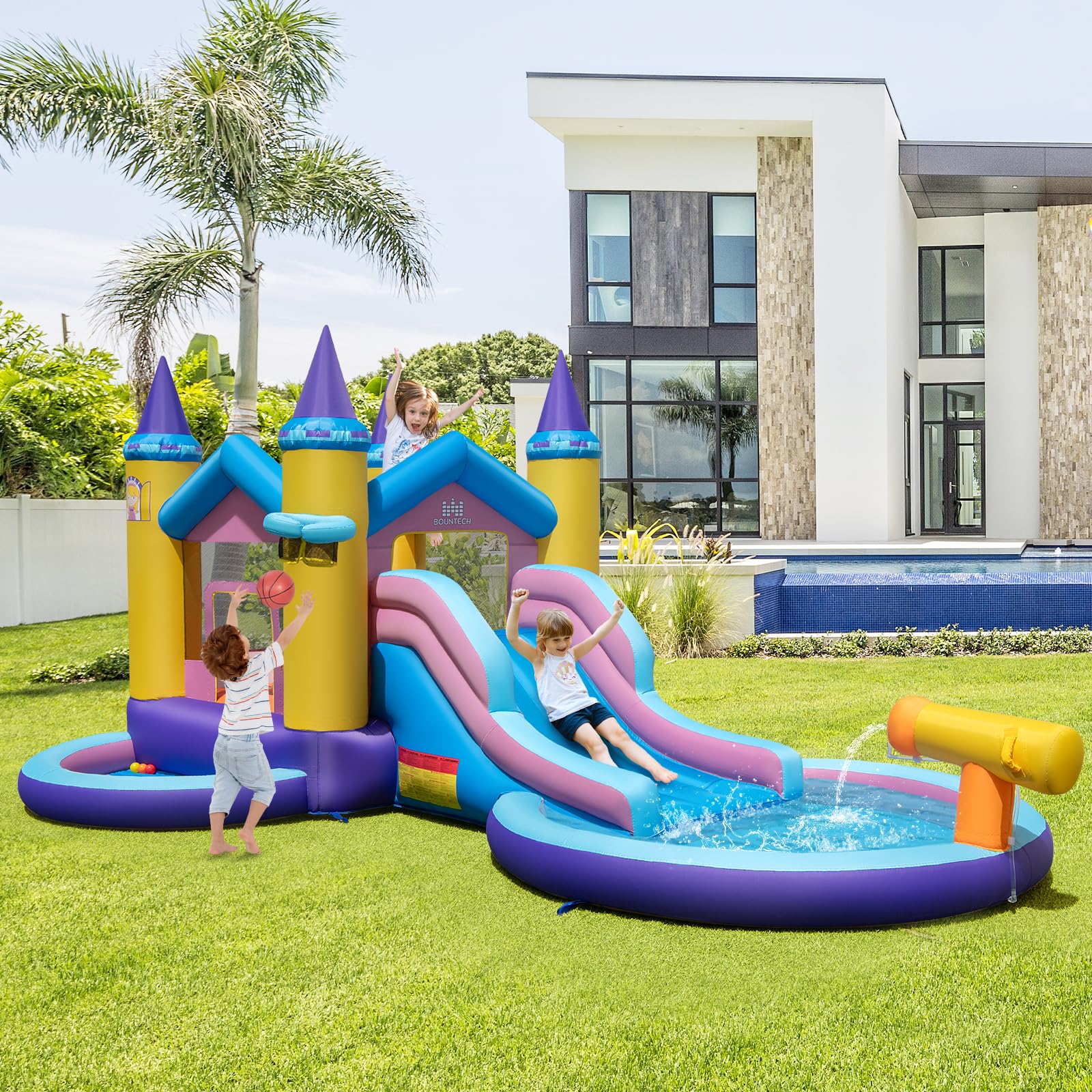 Costzon Inflatable Water Slide 2 in 1 Castle Bounce House Water Slide with Ball Pit & Splash Pool for Kids Outdoor