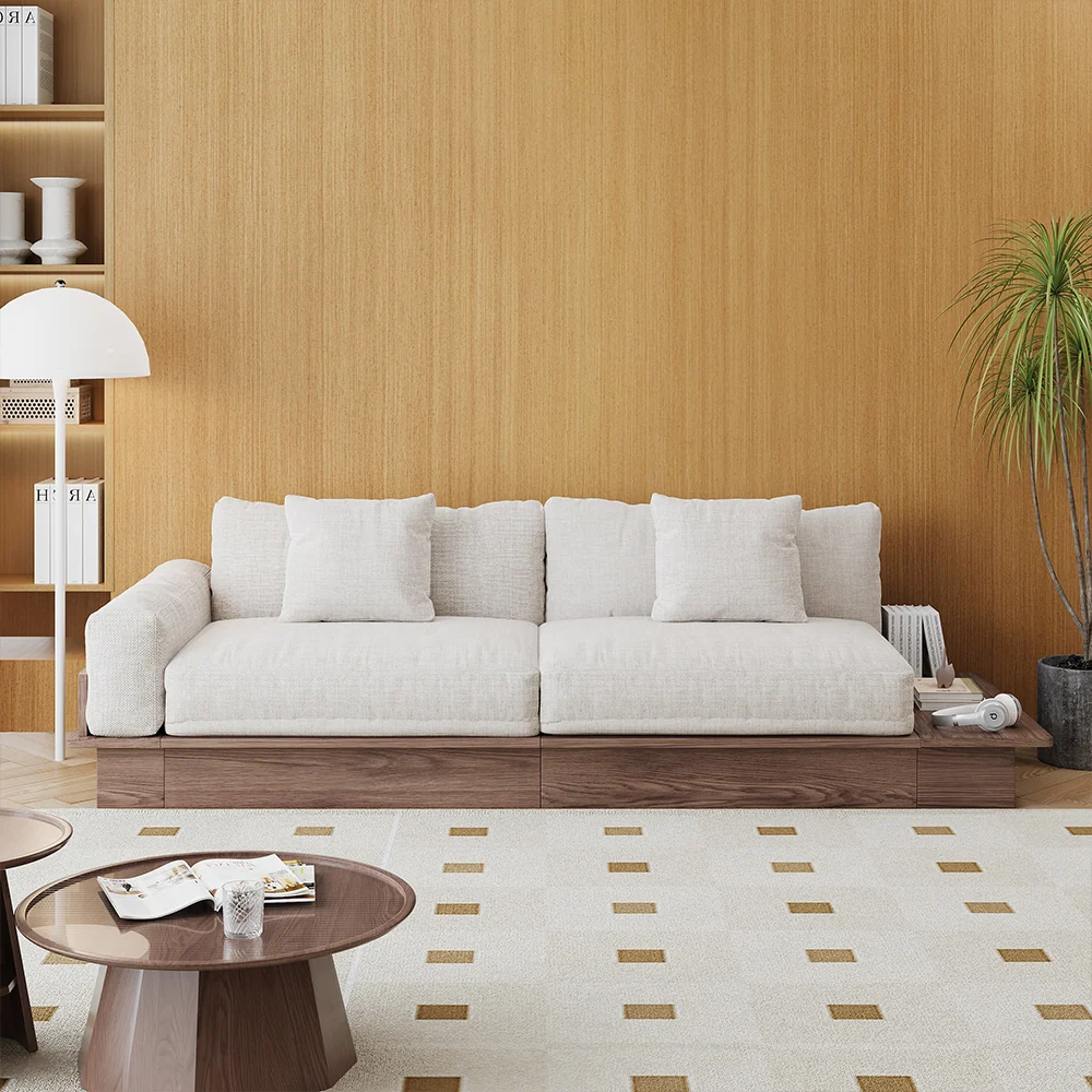 NÓVORA CASA piso plataforma madera estructura Sofá cama– de doble cara reposabrazos, pana o lino mezcla tapizado