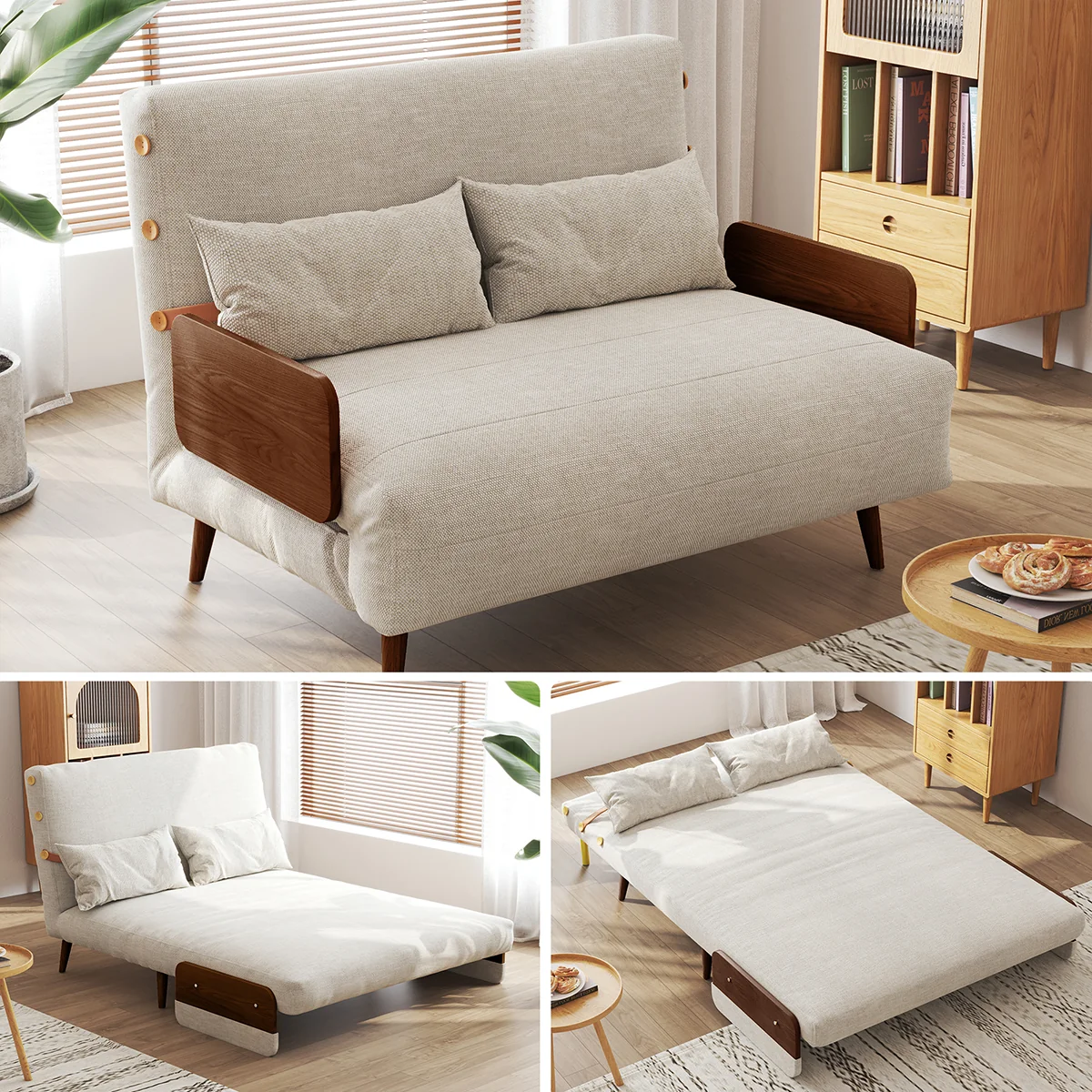 NÓVORA CASA mediados siglo Moderno Verde Sofá cama transformable para pequeño espacios| individual cama sofá con madera brazos