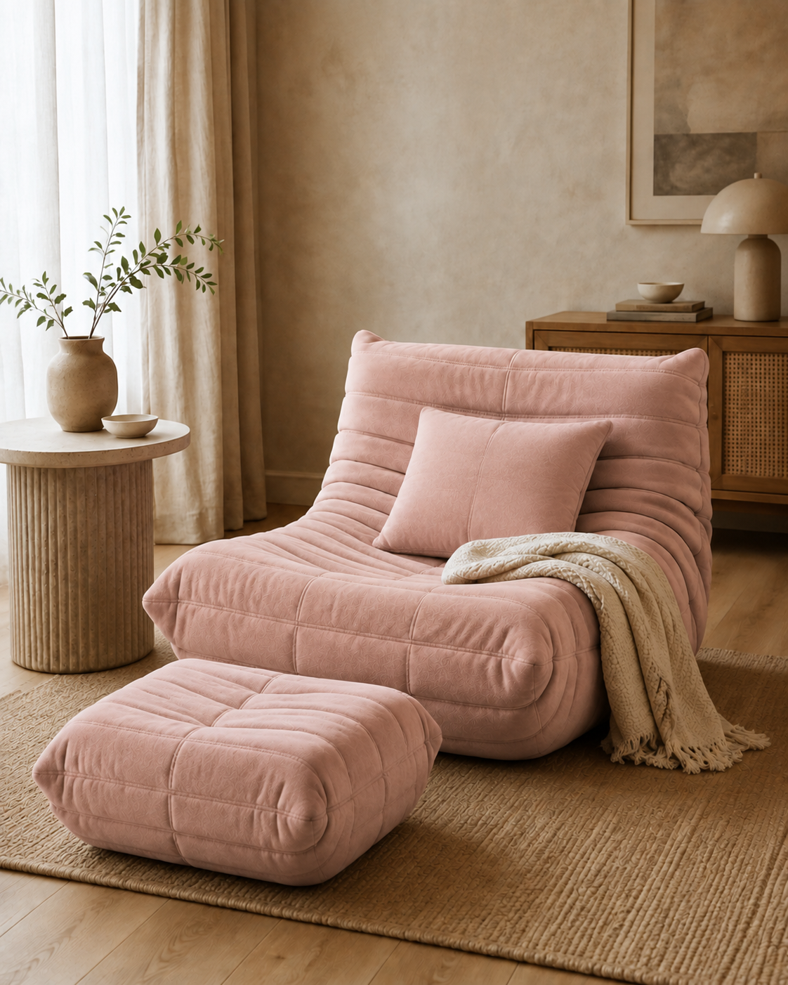 Más vendido | Sillón + reposapiés + cojín + manta — Rosa empolvado