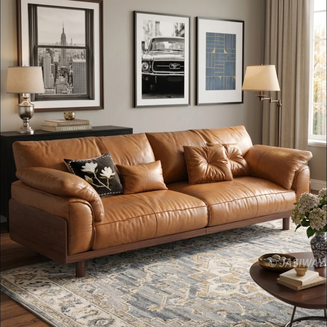 NÓVORA CASA Piel de grano superior sofá| mediados siglo Moderno 3-plazas sofá con Madera maciza soporte- genuino piel Sala muebles