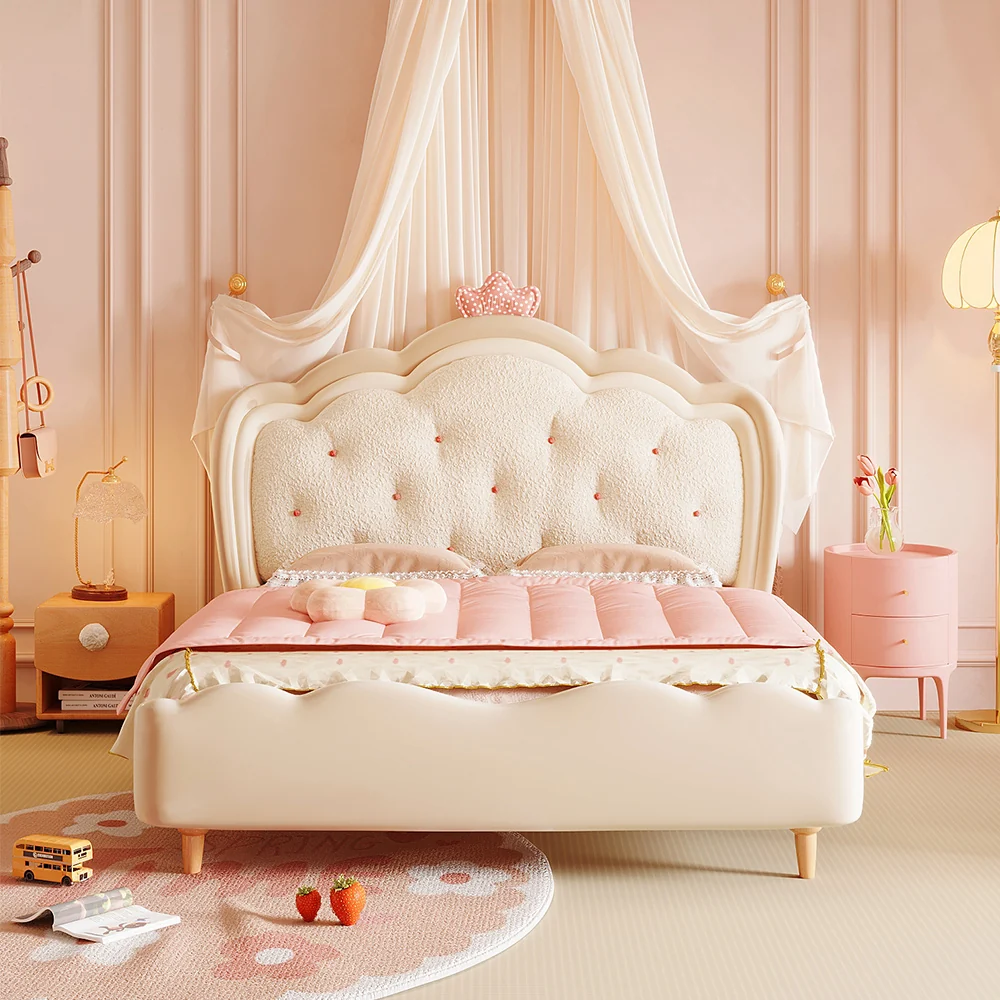 JASIWAY Crema estilo de madera infantil princesa cama en Rosa & Blanco