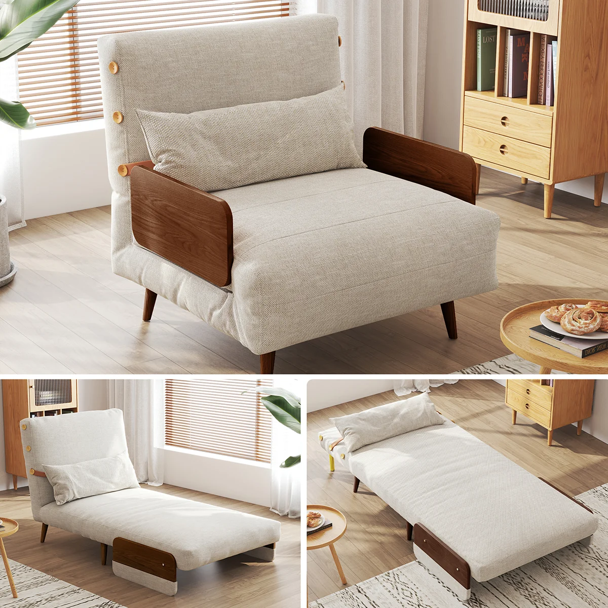 NÓVORA CASA mediados siglo Moderno Verde Sofá cama transformable para pequeño espacios| individual cama sofá con madera brazos