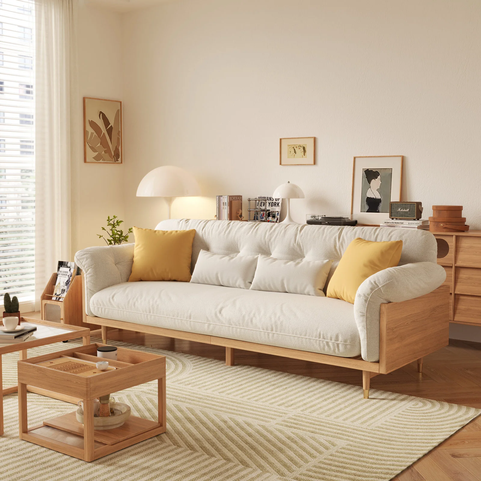 NÓVORA CASA Beige Tapizado sofá en Lino de algodón tela Madera maciza estructura