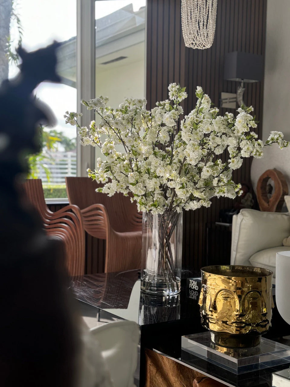 White Cherry Blossoms In 16″ Glass Cylinder