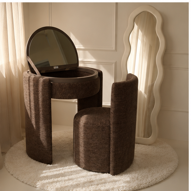 LunaNest™ | Tocador compacto tapizado con espejo y silla