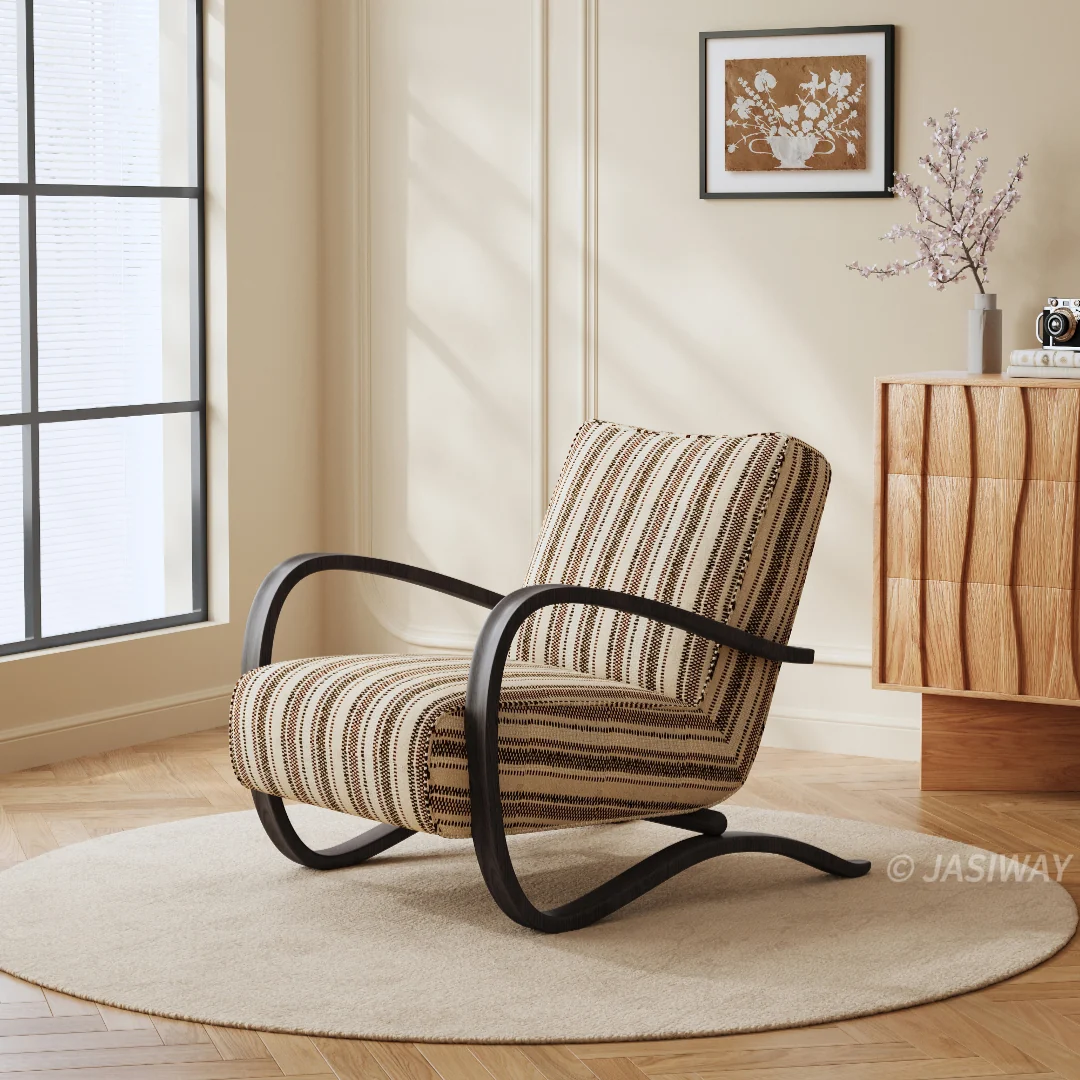 NÓVORA CASA mediados siglo Moderno Sillón decorativo con Curvo madera estructura| Tapizado descanso sillón con múltiples tela & color opciones