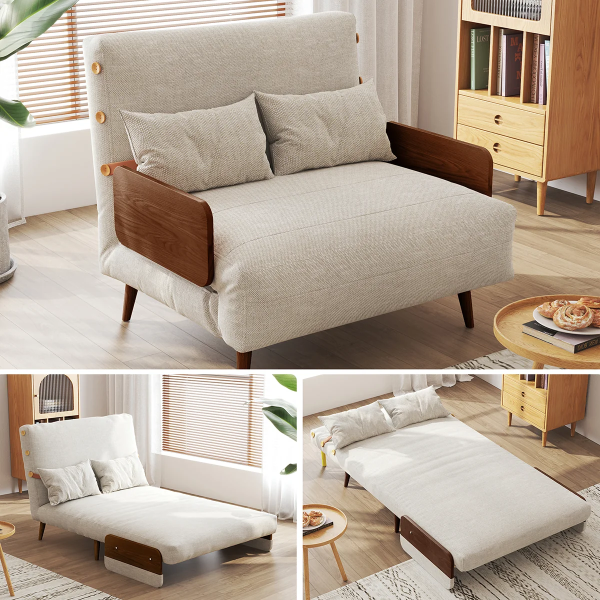 NÓVORA CASA mediados siglo Moderno Verde Sofá cama transformable para pequeño espacios| individual cama sofá con madera brazos