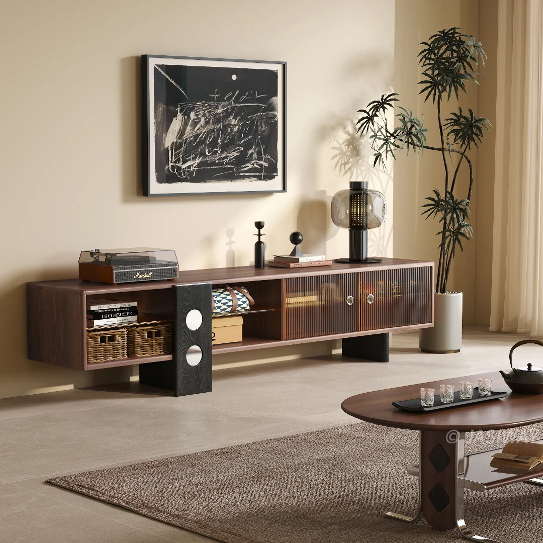 NÓVORA CASA mediados siglo Moderno Mueble para TV con acanalado vidrio corredizo puertas| bajo perfil multimedia consola entretenimiento centro para 55-85 pulgadas TVs